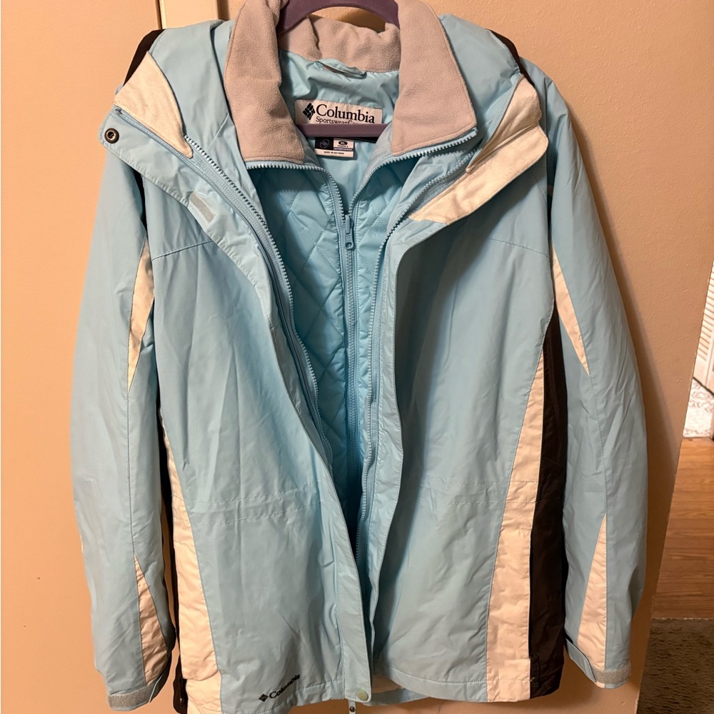 Columbia Sky Blue Women's Interchange Ski Rain Jacket Sz XL Hood Waterproof